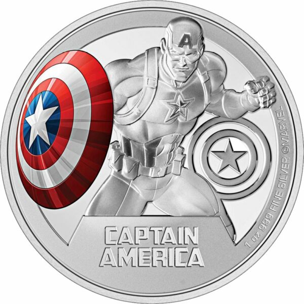 1 Unze Silber Marvel Captain America 2023 PP (Auflage: 5.000 | coloriert | Polierte Platte)