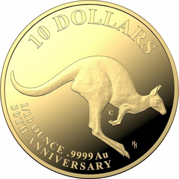 1/10 Unze Gold Australien Känguru 2023 30. Jubiläum (Auflage: 3.000 | Polierte Platte | Royal Australia Mint)