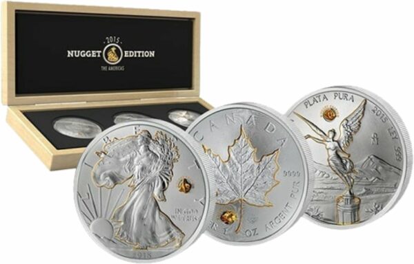 3 x 1 Unze Silber The Americas Nugget Set (teilvergoldet | mit Gold Nuggets)