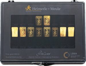 10 x 1/20 Unze Goldbarren Heimerle und Meule Sammlerbox