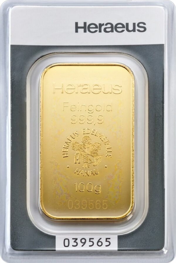 100 g Goldbarren Heraeus (geprägt)