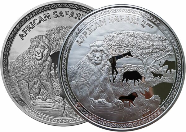 Doppelpack: 1kg Silber African Safari Affe 2020 PP & AF (Auflage: je 100 Stücke)