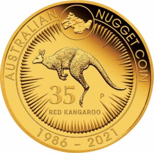 1 Unze Gold Känguru Nugget 35. Jubiläum 2021 PP (Auflage: 200 | Polierte Platte)