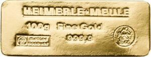 100 g Goldbarren Heimerle und Meule (Sargform)