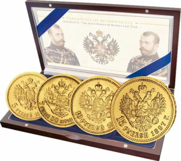 Komplettsatz 4 Münzen Gold Rubel Zar Nikolaus (5 Rubel